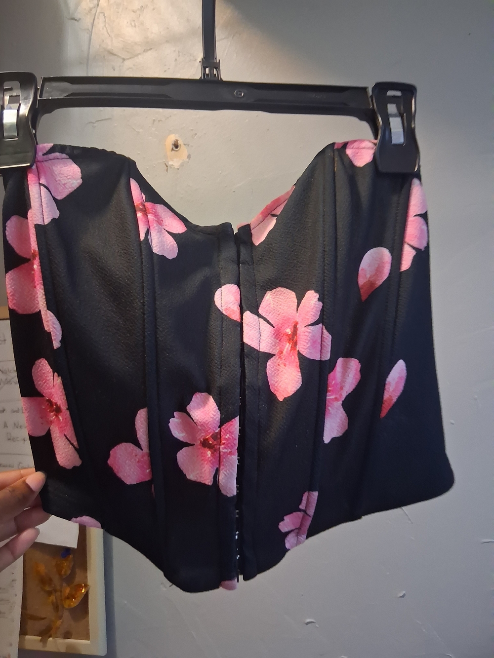 Women’s Floral Bustier Corset Top - Black with Pink Flowers